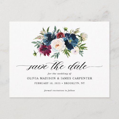Navy Blue Burgundy Floral Wedding Save the Date Announcement Postcard