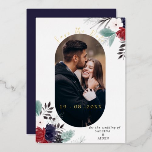 Navy Blue Burgundy Floral Wedding Save The Date Foil Invitation