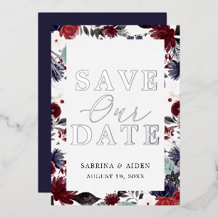 Navy Blue Burgundy Floral Wedding Save The Date Foil Invitation