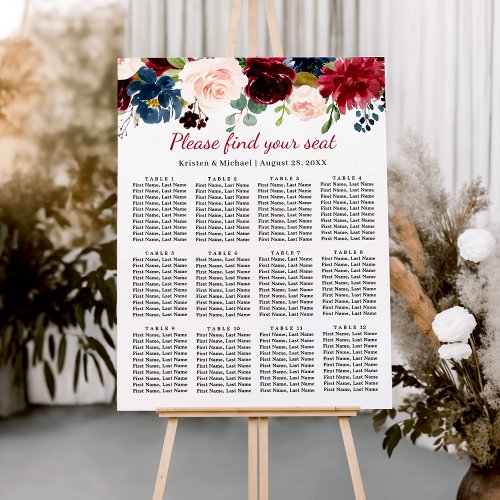 Navy Blue Burgundy Floral Wedding Seating Chart Foam Board