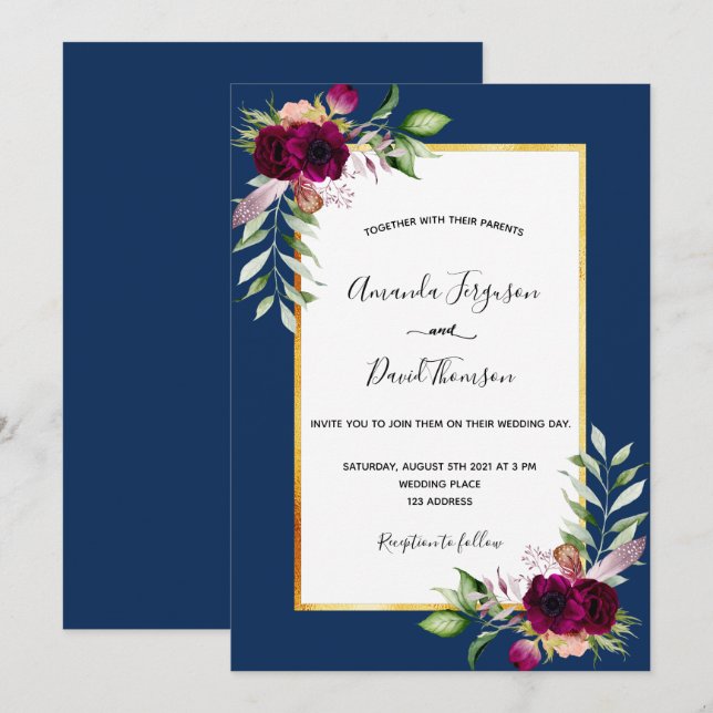 Navy blue burgundy florals gold boho wedding invitation (Front/Back)