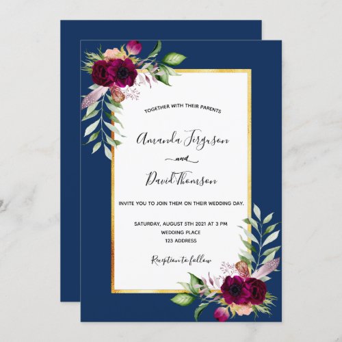 Navy blue burgundy florals gold boho wedding invitation