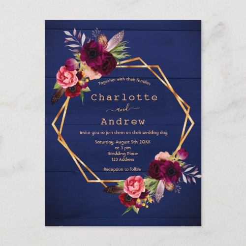 Navy blue burgundy florals wedding invitation postcard