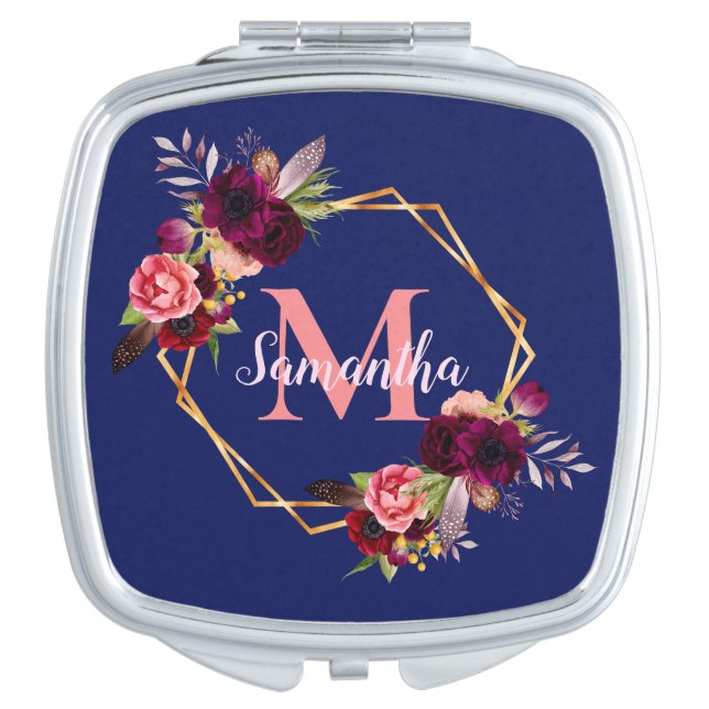 Navy Blue burgundy flowers geometric monogram Compact Mirror (Front)