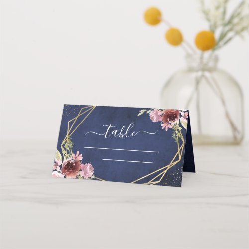 Navy Blue Burgundy Geometric Floral Place Card