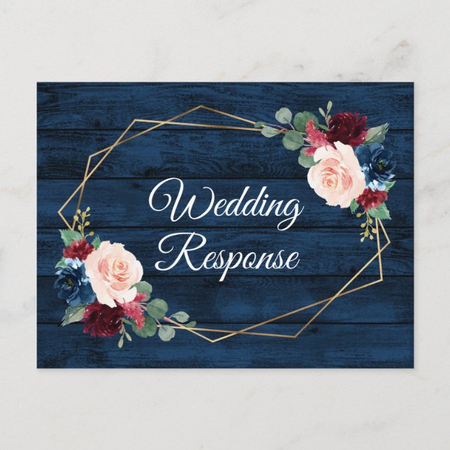 Navy Blue Burgundy Gold Blush Country Wedding RSVP Postcard (Front)