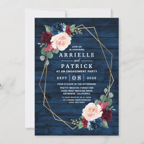 Navy Blue Burgundy Gold Blush Engagement Party Invitation - Navy Blue Burgundy Gold Blush Engagement Party Invitations - feature a dark navy blue barn or wood grain background decorated with a printed gold geometric frame that's trimmed with floral and greenery elements in shades of navy, pink, burgundy and more. View the matching collection on this page to find coordinating items.