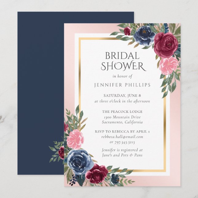 Navy Blue Burgundy Gold Blush Floral Bridal Shower Invitation (Front/Back)