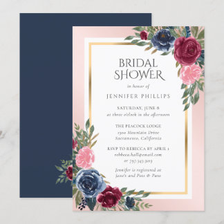 Navy Blue Burgundy Gold Blush Floral Bridal Shower Invitation