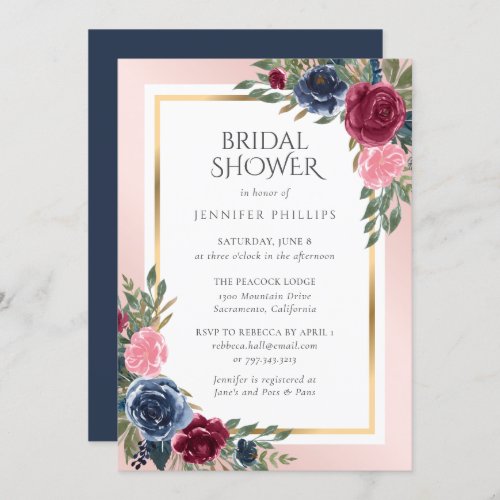 Navy Blue Burgundy Gold Blush Floral Bridal Shower Invitation
