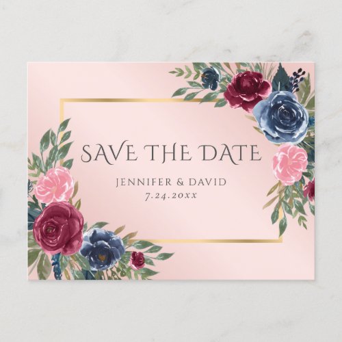Navy Blue Burgundy Gold Blush Floral Save The Date Announcement Postcard