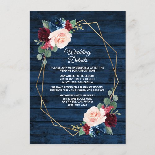 Navy Blue Burgundy Gold Blush Pink Country Wedding Enclosure Card - Features a dark navy blue barn or wood grain background decorated with a printed gold geometric frame that's trimmed with floral and greenery elements in shades of navy, pink, burgundy and more.