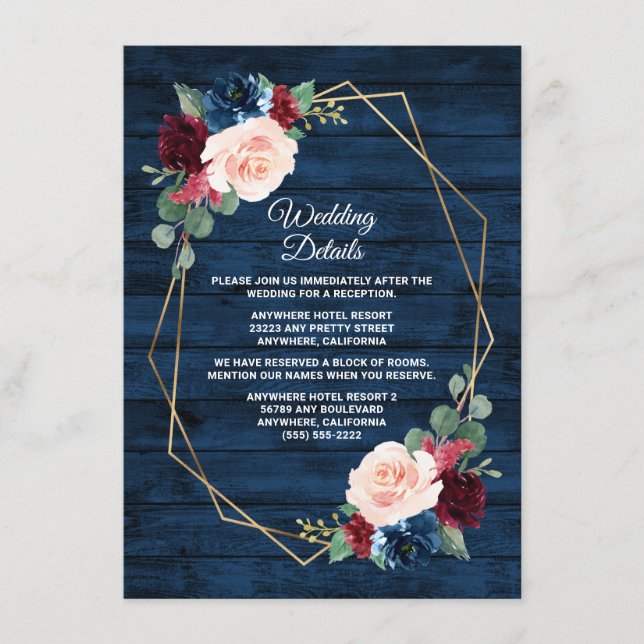 Navy Blue Burgundy Gold Blush Pink Country Wedding Enclosure Card (Front)