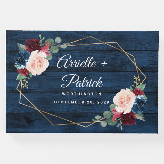 Navy Blue Burgundy Gold Blush Pink Country Wedding Guest Book (Front)