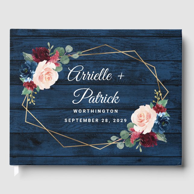 Navy Blue Burgundy Gold Blush Pink Country Wedding Guest Book (Front)