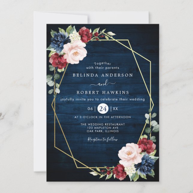 Navy Blue Burgundy Gold Blush Pink Country Wedding Invitation (Front)