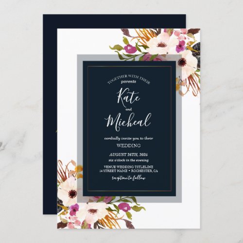 Navy Blue Burgundy Gold Blush Pink Country Wedding Invitation