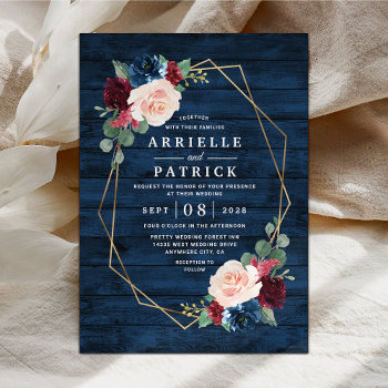 Navy Blue Burgundy Gold Blush Pink Country Wedding Invitation by RusticWeddings at Zazzle