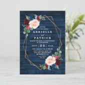 Navy Blue Burgundy Gold Blush Pink Country Wedding Invitation (Standing Front)