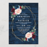 Navy Blue Burgundy Gold Blush Pink Country Wedding Invitation<br><div class="desc">Navy Blue Burgundy Gold Blush Pink Country Wedding Invitations - feature a dark navy blue barn or wood grain background decorated with a printed gold geometric frame that's trimmed with floral and greenery elements in shades of navy, pink, burgundy and more. View the matching collection on this page to find...</div>