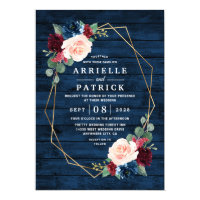 Navy Blue Burgundy Gold Blush Pink Country Wedding Invitation