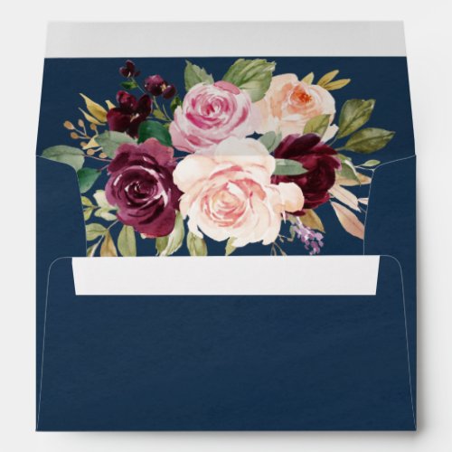 Navy Blue Burgundy Gold Blush Pink Floral Wedding Envelope