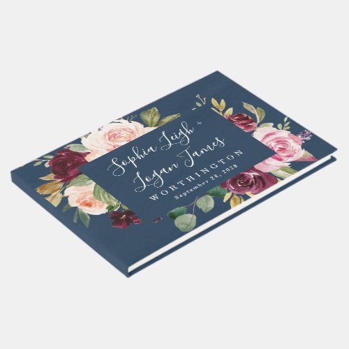 Navy Blue Burgundy Gold Blush Pink Floral Wedding Guest Book