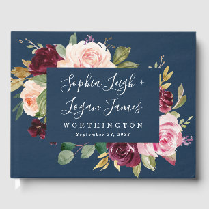 Navy Blue Burgundy Gold Blush Pink Floral Wedding Guest Book