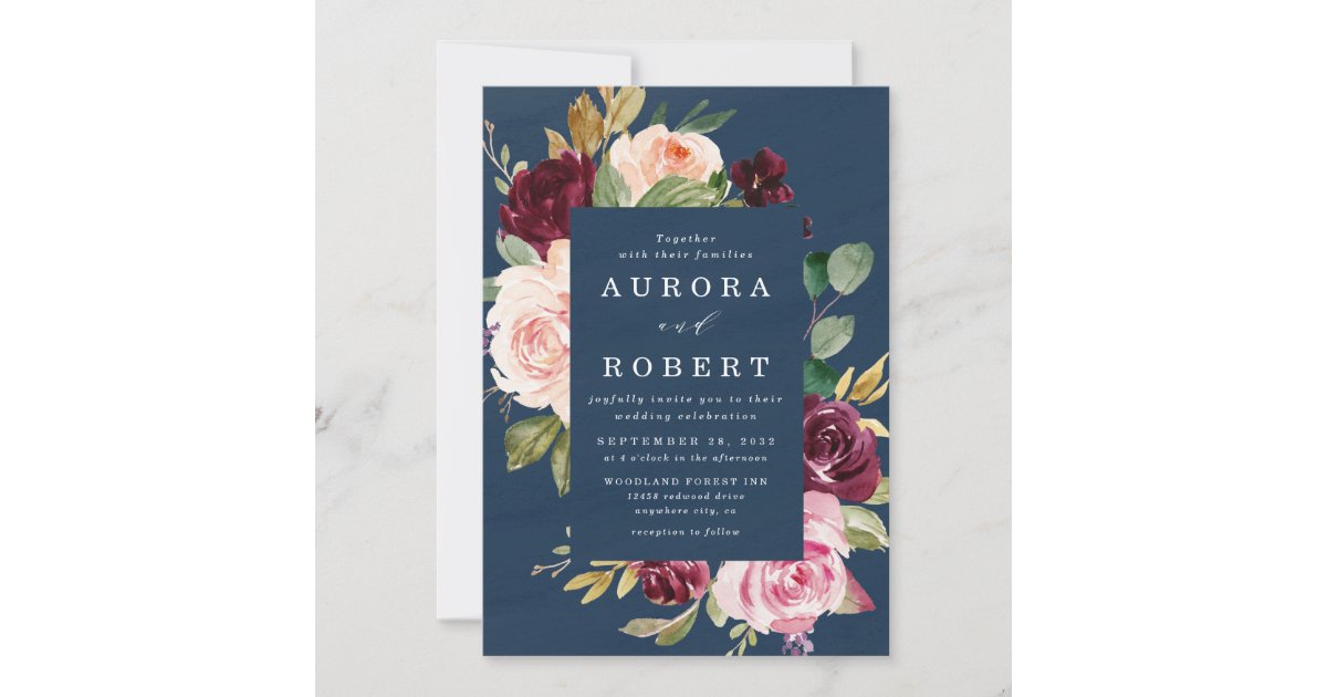 Navy Blue Burgundy Gold Blush Pink Floral Wedding Invitation | Zazzle