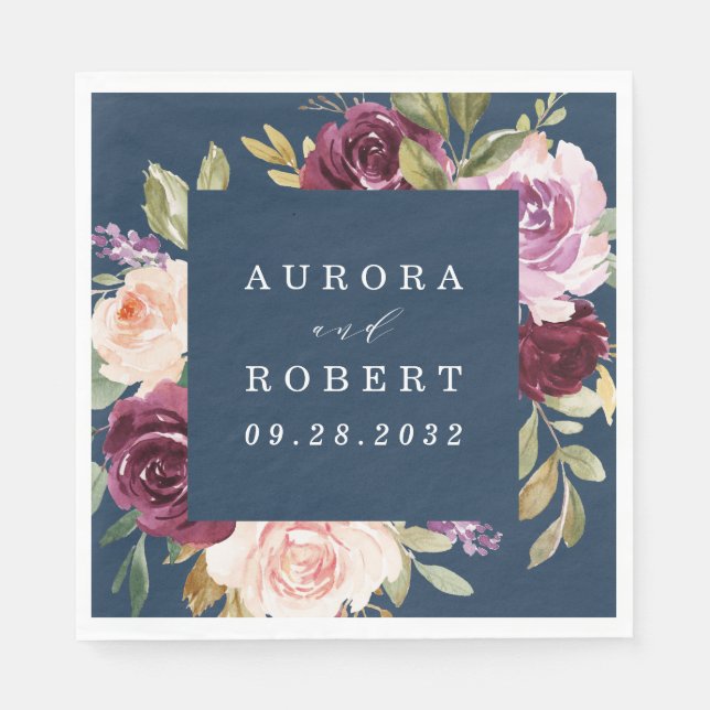 Navy Blue Burgundy Gold Blush Pink Floral Wedding Napkins (Front)