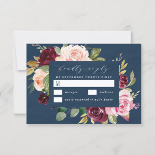 Navy Blue Burgundy Gold Blush Pink Floral Wedding RSVP Card