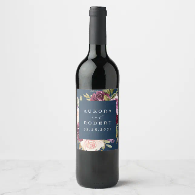 Navy Blue Burgundy Gold Blush Pink Floral Wedding Wine Label | Zazzle