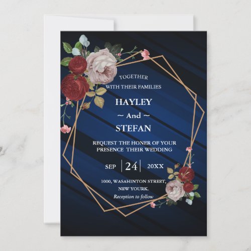 Navy Blue Burgundy Gold Blush Pink Wedding Invitation