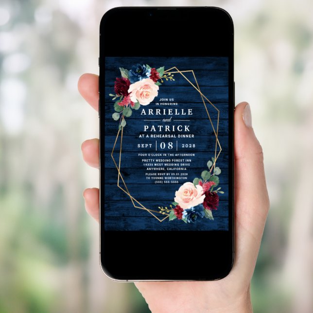 Navy Blue Burgundy Gold Blush Rehearsal Dinner Invitation (Front Digital)