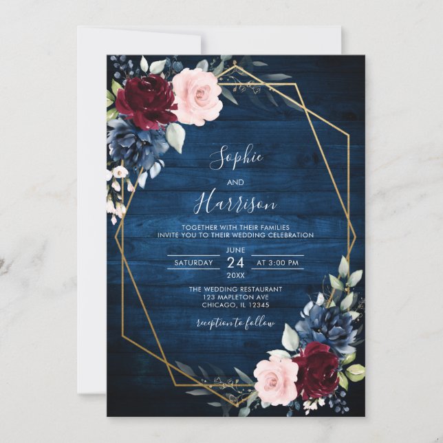 Navy Blue Burgundy Gold Blush Rustic Wood Wedding Invitation (Front)