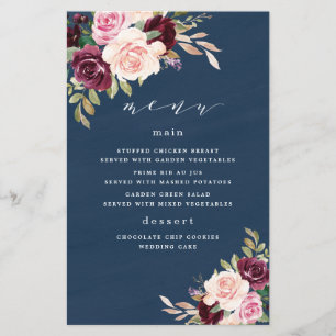 Navy Blue Burgundy Gold Blush Wedding Menu Cards