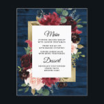 Navy Blue Burgundy Gold Blush Wedding Menu Cards<br><div class="desc">Design features a dark navy blue barn wood grain plank background decorated with an elegant floral wreath of peony rose flowers, eucalyptus greenery and more in shades of burgundy, Marsala red, maroon, blush pink etc. Design also features a printed gold colored border underneath the floral wreath for a modern look....</div>