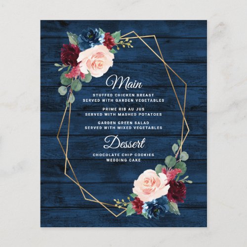 Navy Blue Burgundy Gold Blush Wedding Menu Cards - Navy Blue Burgundy Gold Blush Wedding Menu Cards  - feature a dark navy blue barn or wood grain background decorated with a printed gold geometric frame that's trimmed with floral and greenery elements in shades of navy, pink, burgundy and more. View the matching collection on this page to find coordinating items.