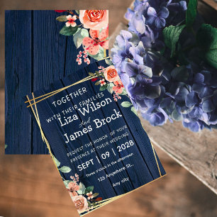 Navy Blue Burgundy Gold Blush wood Wedding  Invitation