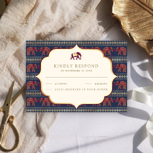 Navy Blue Burgundy Gold Elephant Indian Wedding RSVP Card