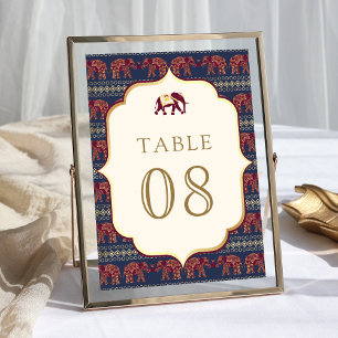 Navy Blue Burgundy Gold Elephant Indian Wedding Table Number