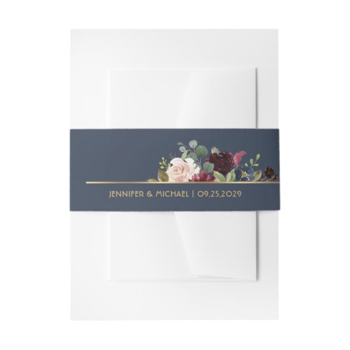 Navy Blue Burgundy Gold Floral Blooms Chic Wedding Invitation Belly Band