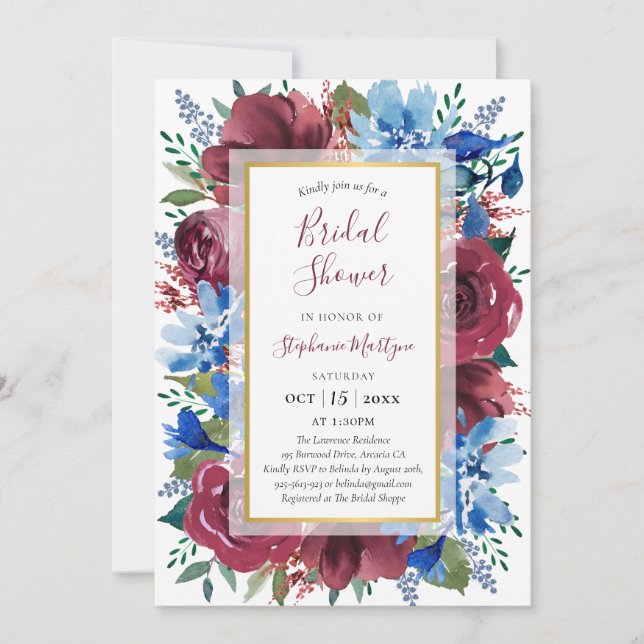 Navy Blue Burgundy Gold Floral Bridal Shower Invitation (Front)