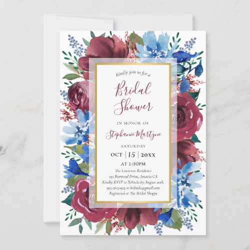 Navy Blue Burgundy Gold Floral Bridal Shower Invitation