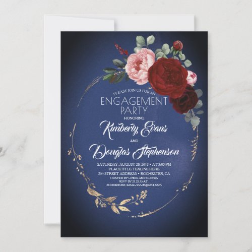 Navy Blue Burgundy Gold Floral Engagement Party Invitation