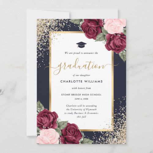 Navy Blue Burgundy Gold Floral Photo Graduation Announcement