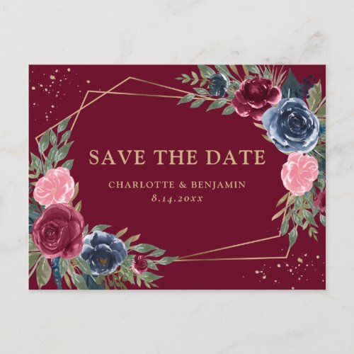 Navy Blue Burgundy Gold Floral Save The Date Announcement Postcard