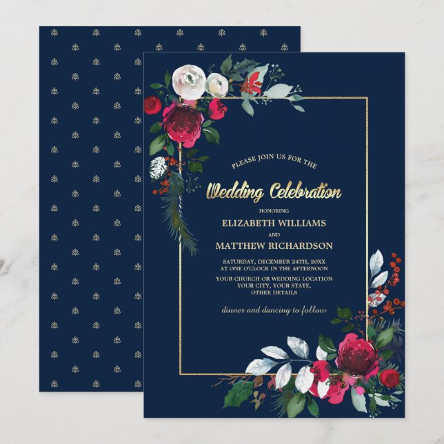 Navy Blue Burgundy Gold Floral Wedding Invitation (Front/Back)