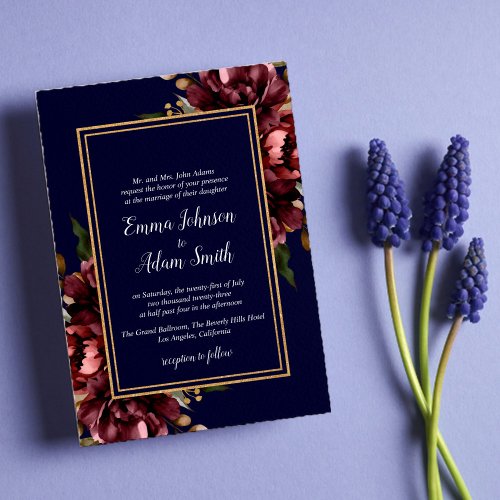 Navy Blue Burgundy Gold Floral Wedding Invitation