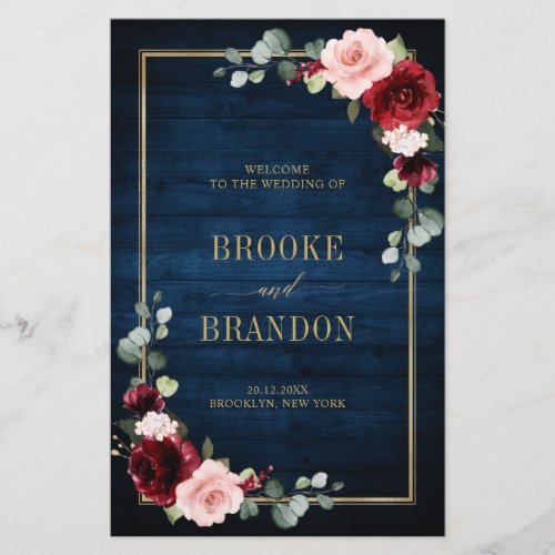 Navy Blue Burgundy Gold Geometric Wedding Program